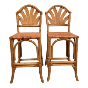 Mid 20th Century Leather Weaved Seat Rattan High Chairs, Set of 2