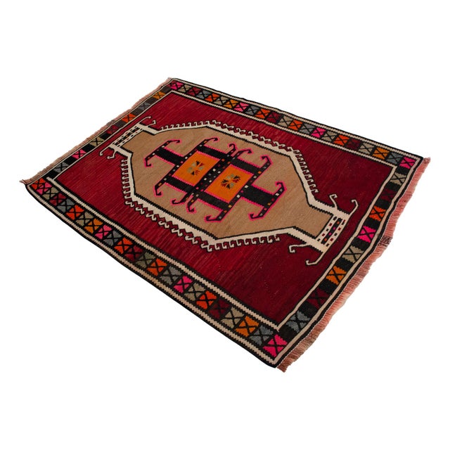 Authentic Kars Kilim Rug, Red and Earth Tone Turkish Rug, Small Living Room Kilim, Rare Personal Village Weave, 1970s Anatolian Rug 4x5 Ft Approx For Sale - Image 6 of 16