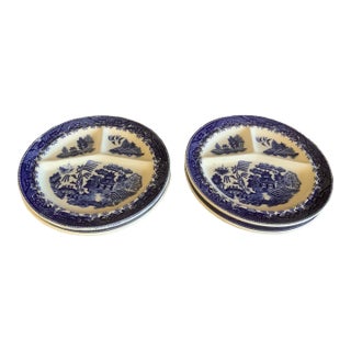 Mid 20th Century Blue Willow 3 Sectioned Grill Plates Set of 4 For Sale