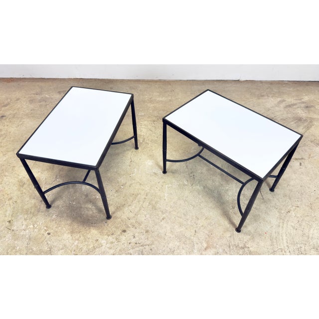 Mid Century Modern Wrought Iron & Milk Glass Small Side Tables—a Pair For Sale - Image 4 of 12