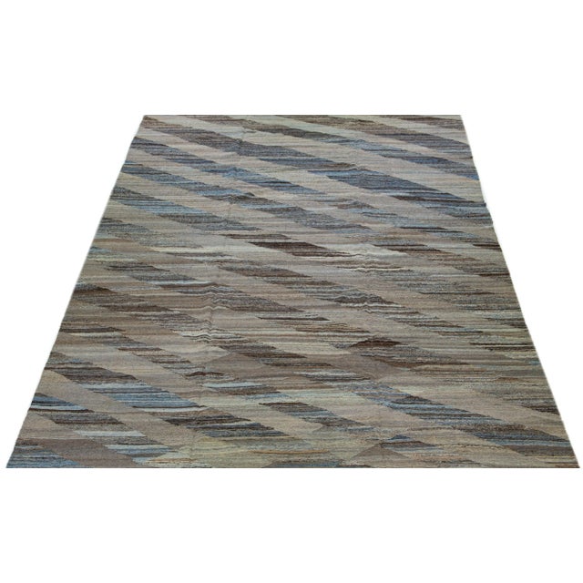 Abstract 2020s Modern Flatweave Kilim Turkish Wool Rug With Abstract Motif in Brown & Blue For Sale - Image 3 of 7