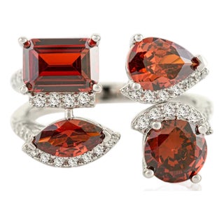 Contemporary Multi-Shape Garnet Gemstone With Cz Open Cuff Ring in Silver Size 8 For Sale