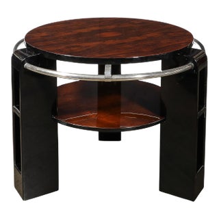 Art Deco Two-Tier Book-Matched Walnut & Black Lacquer Occasional Table by Louis Sognot For Sale