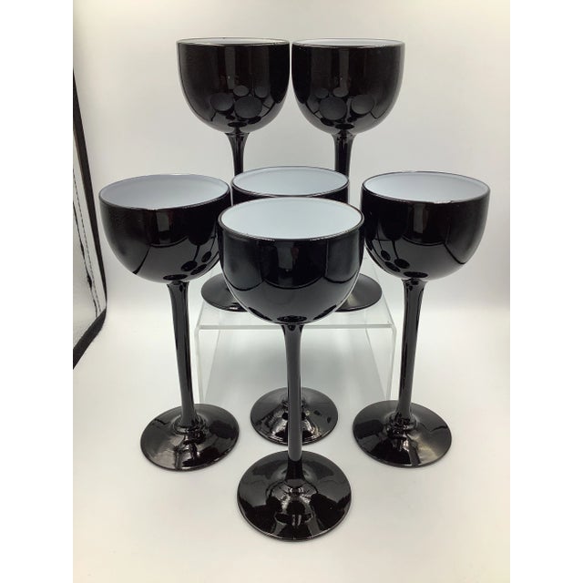 Glass Vintage Carlo Moretti Italy Black & White Cased Glass Tall Stem Cordial Glasses - Set of 6 For Sale - Image 7 of 7
