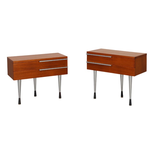 Mid-Century Modern French Nightstands in Teal Veneer and Chrome, 1960s, Set of 2 For Sale