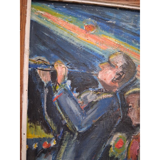 Royal Blue Bill Olendorf Abstract Expressionist Oil Painting on Board "Jazz Club" 1973 For Sale - Image 8 of 11