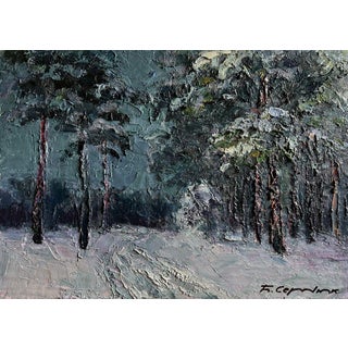 Oil Painting Winter Trail in the Forest Boris Serdyuk For Sale