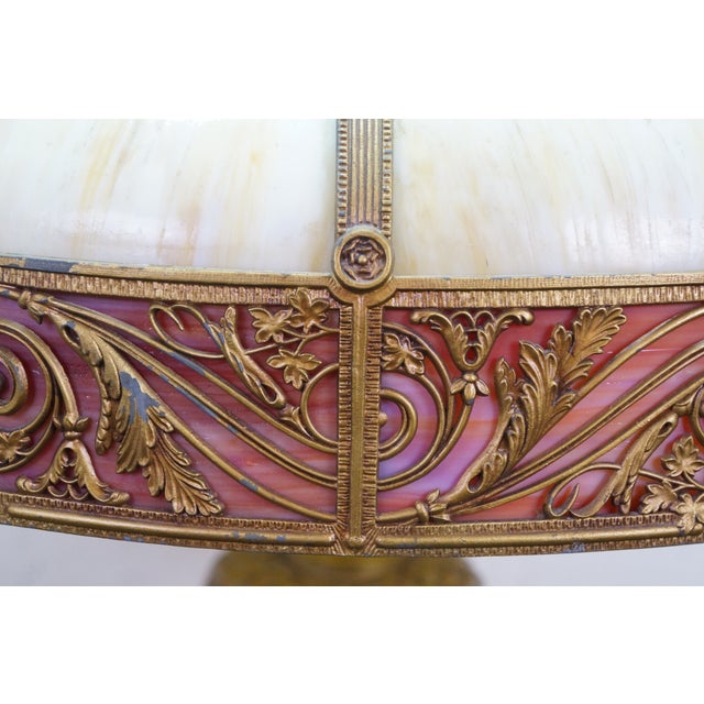 1910s Antique Charles Parker Art Nouveau Two Light Slag Glass Table Lamp 25" For Sale - Image 5 of 18