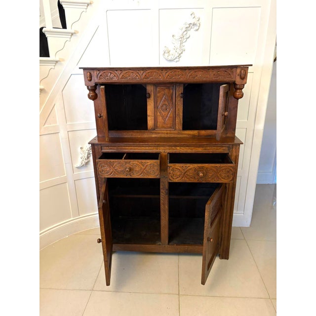 Wood Antique Carved Oak Court Cupboard with Ipswich Carving, 1920s For Sale - Image 7 of 14