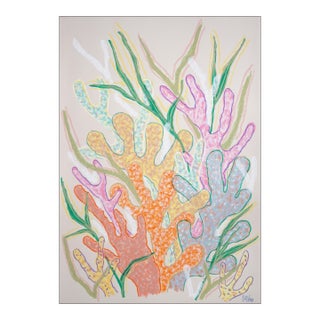 2025, Funky Coral Textures, Pastel Tones Illustration Style Seascape, Gouache Crayon on Watercolor Paper by Romina Milano For Sale