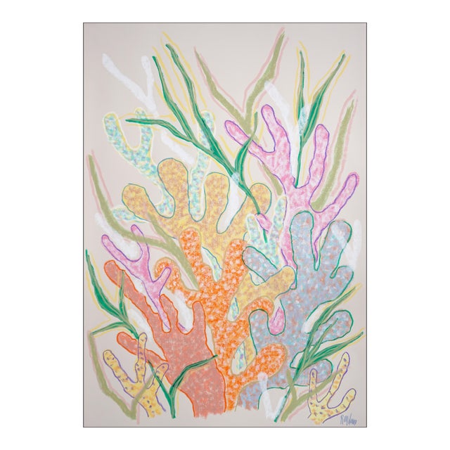 2025, Funky Coral Textures, Pastel Tones Illustration Style Seascape, Gouache Crayon on Watercolor Paper by Romina Milano For Sale