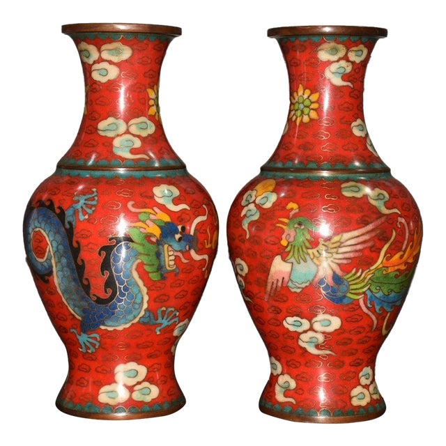 Pair of Vintage Chinese Cloisonné "Dragon & Phoenix" Vases - 1083g For Sale
