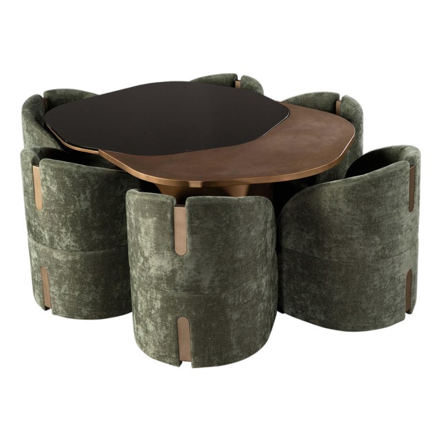 Modern 66 Inch Irregular Kaylee Dining Table Set with 6 Green Chairs For Sale