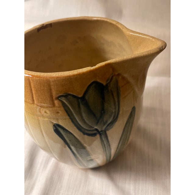 1910s Antique 1910s Attributed to Roseville Early Ware Art Pottery Ceramic Pitcher W/ Blue Tulips For Sale - Image 5 of 11