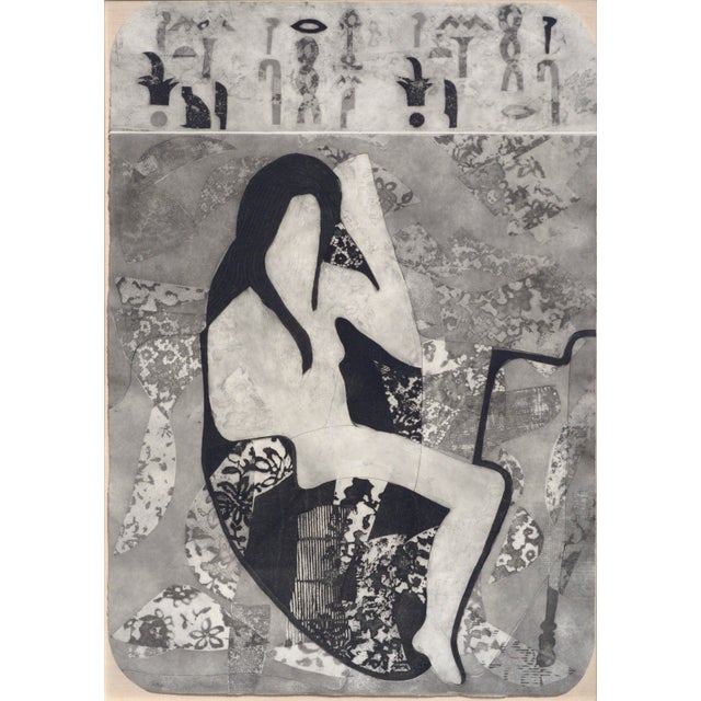 Delicate woodcut print on handmade paper of a stylized figure and hieroglyphic-like symbols by Monterey Bay artist Paula...