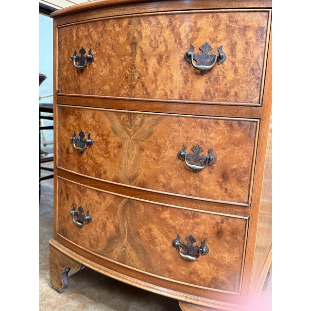 English Bow Front Small Chest of Burr Walnut With Three Drawers For Sale - Image 10 of 14