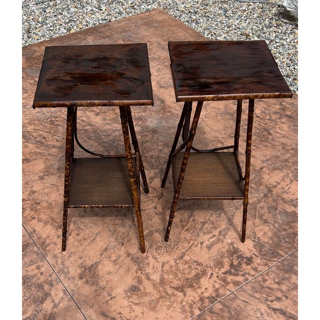 French Country A Pair of 19th Century Matching Bamboo End Tables, Tortoise Coloring on Legs and Trim, Detailed Design Work, Rattan Covering the Bottom Shelves For Sale - Image 3 of 12