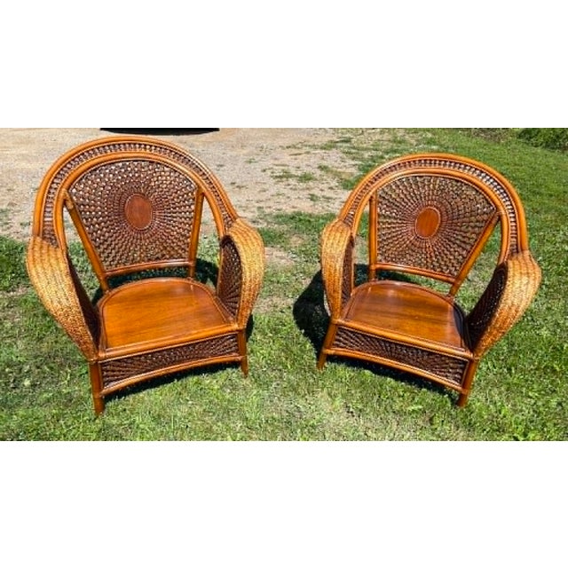 Late 20th Century "Azteca" Woven Rattan Spiderweb Lounge Chairs Featuring Distinctive Sunburst and Web Patterns For Sale - Image 4 of 16