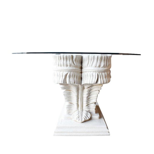 Sculptural Oval White Faux Bois Plaster Resin Palm Leaf Dining Table With Glass Top - Seats 4 For Sale - Image 4 of 5