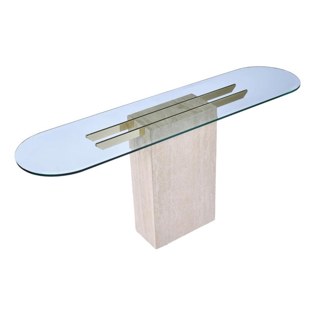 Maitland-Smith Style Brass and Glass Travertine Stone Pedestal Console Table For Sale