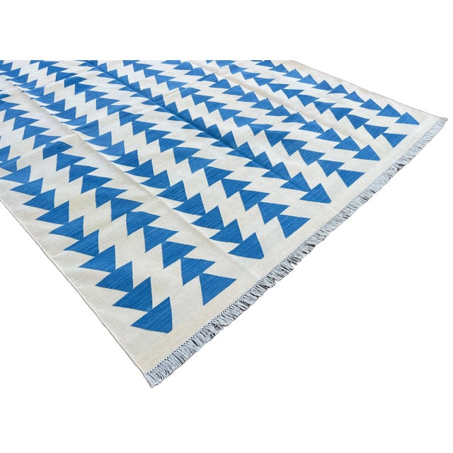 Handwoven Cotton Area Rug Vegetable Dyed Cream and Blue Pyramid Patterned Checked Dhurrie - 9'x12' For Sale - Image 6 of 10