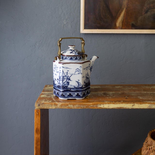Blue 1960s Chinoiserie Nautical Maritime Earthenware Teapot With Blue Nautical Ships For Sale - Image 8 of 16