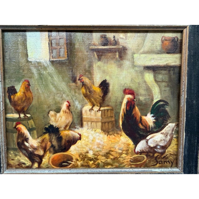 Wood Samy Chickens in a Henhouse Painting, Signed For Sale - Image 7 of 12