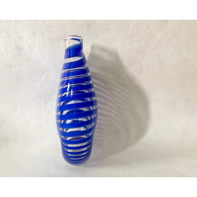 Vintage 1990s Studio Blown Glass Cobalt Blue and Clear Striped Vase For Sale - Image 4 of 11