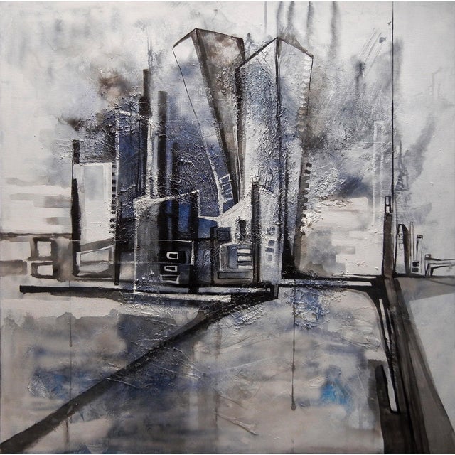 City Static presents a dynamic urban landscape rendered in a mixed media approach, where sharp geometric forms rise amidst...