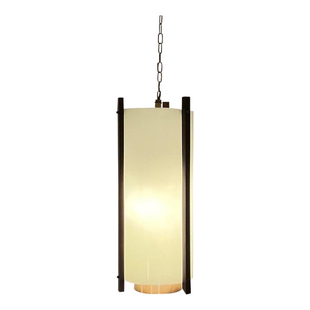 Vintage Hanging Light Pendant Light Fixture, 24” Cylinder White Acrylic Walnut Brass Accents, McFadden Lighting For Sale