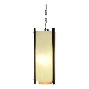 Vintage Hanging Light Pendant Light Fixture, 24” Cylinder White Acrylic Walnut Brass Accents, McFadden Lighting