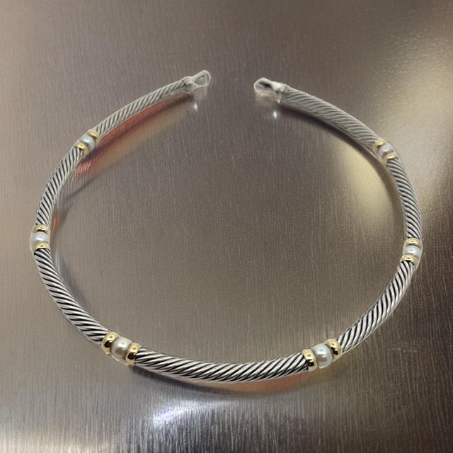 Contemporary 1990s David Yurman Authentic Estate Pearl Necklace 17" + Bracelet Set 7.5" Silver + 14k Gold, 2 Pieces For Sale - Image 3 of 16