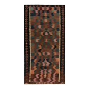 Vintage Persian Kilim Rug in Beige-Brown, Pink and Blue Tribal Geometric Pattern