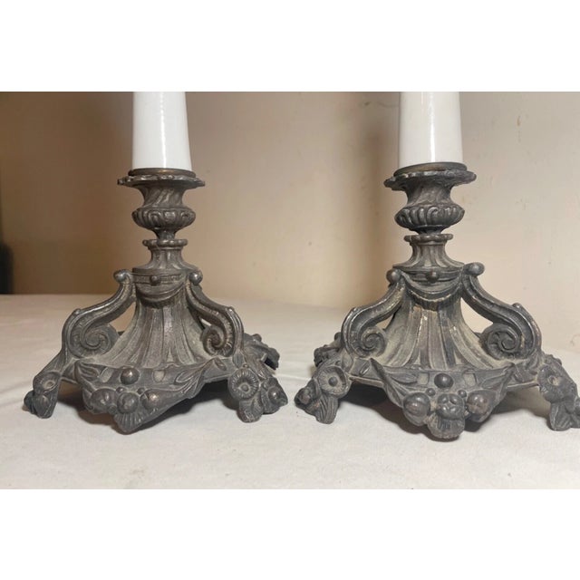 Pair of Antique Bronze Patinated Ornate Porcelain Candlesticks Candle Holders For Sale - Image 9 of 13