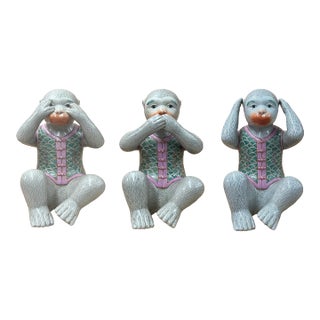 Set 3 Vintage Gray Green Dress No Evils Ceramic Art Monkey Figures For Sale