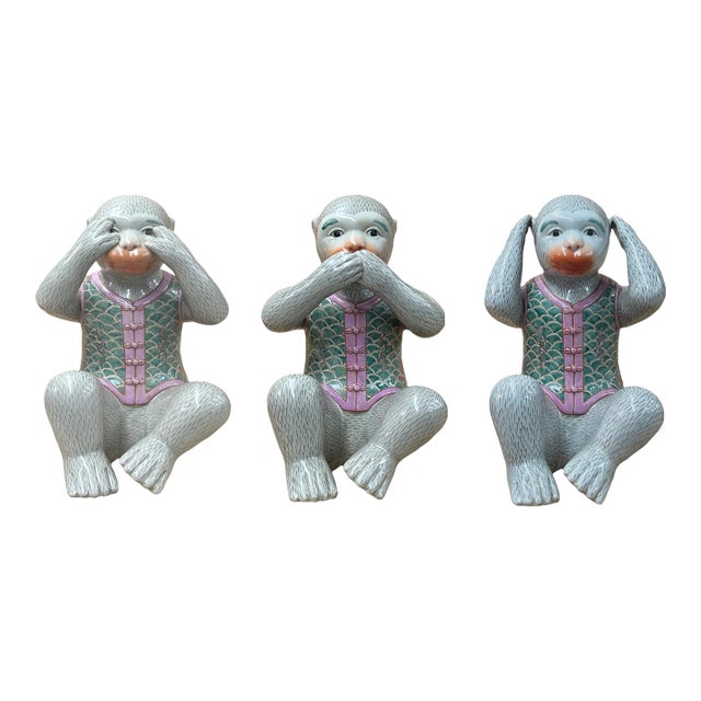 Set 3 Vintage Gray Green Dress No Evils Ceramic Art Monkey Figures For Sale