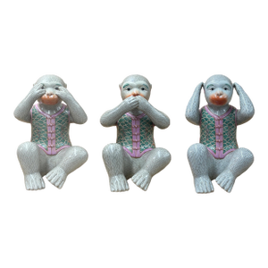 Set 3 Vintage Gray Green Dress No Evils Ceramic Art Monkey Figures