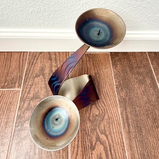 Mid Century Vintage Brutalist Ferart Artisan Candelabra Steel Taper Candle Holder MCM For Sale - Image 10 of 12