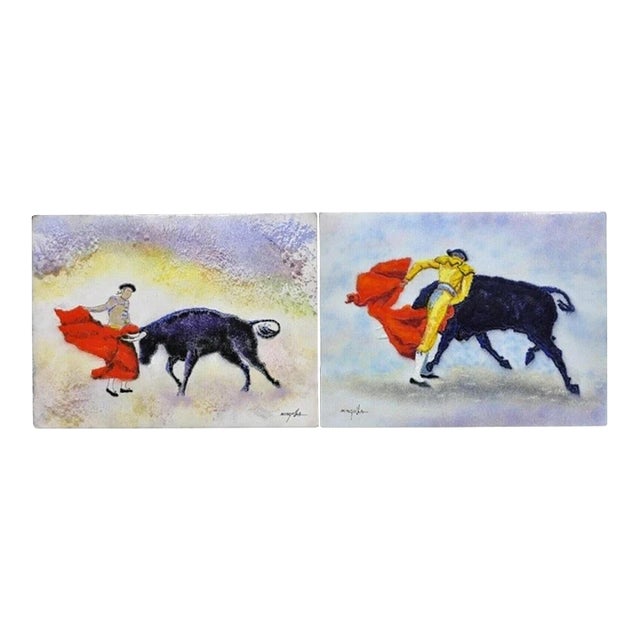 Late 20th Century Dom Dominic Mingolla Enamel on Copper Painting Spanish Matador 9 X 12 - A Pair For Sale