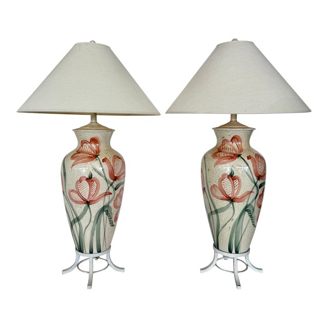 Pair of Ceramic Table Lamps With Hand Painted Flowers & Crackle Finish on Metal Stands. For Sale
