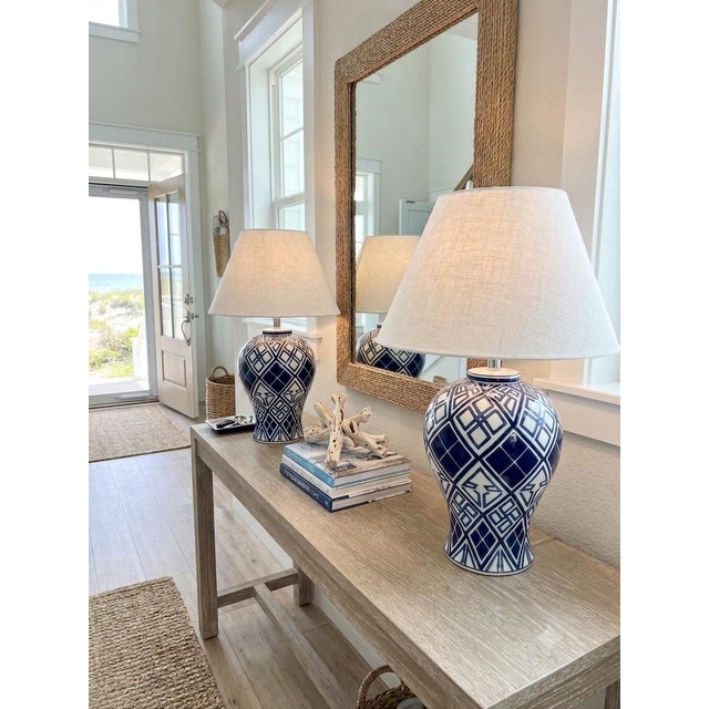 Unknown Maker =>Aalia Table Lamps Pair of Modern Blue & White Geometric Ceramic Table Lamps Description: Elevate your...
