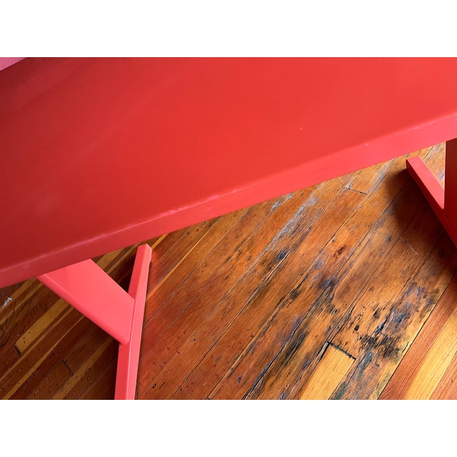 Coral Laquered Mid-Century Danish Modern Minimalist Trestle Dining Table C1960s For Sale - Image 9 of 14