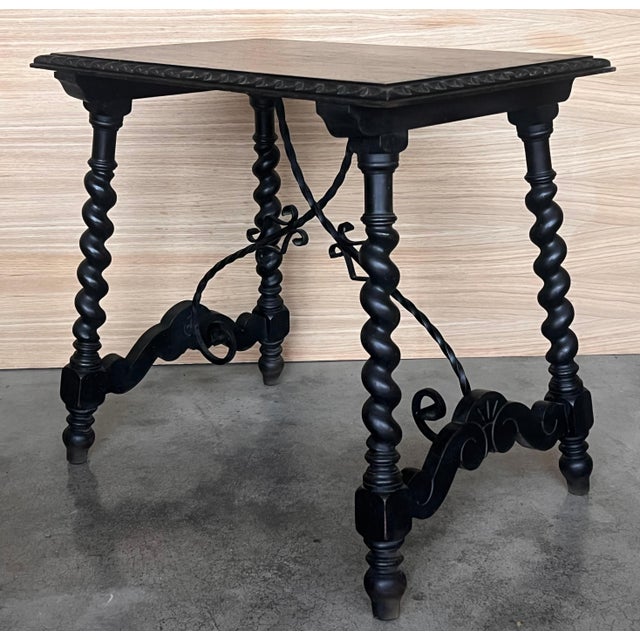 Wood 19th Spanish Side Table with Cared Turned Legs and Iron Stretcher For Sale - Image 7 of 18