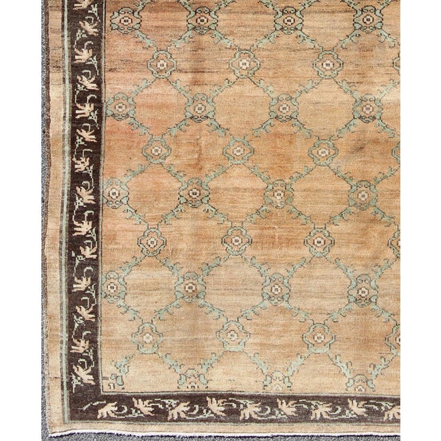 Tribal Vintage Turkish Oushak Rug With Soft Orange, Light Green, and Charcoal Brown For Sale - Image 3 of 8