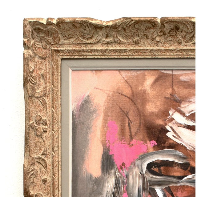 This artwork is an acrylic and mixed media painting on canvas. It is framed in a 1930s French carved wooden frame in...