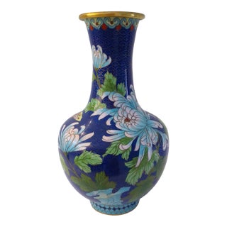 Vintage Chinese Cobalt Blue Cloisonné Botanical Vase For Sale