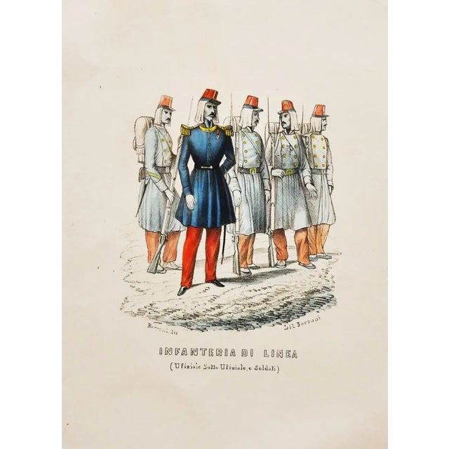 Infantry is an original hand-colored lithograph artwork paper, realized by Borrani in 1850 ca. Hand-signed on the lower...