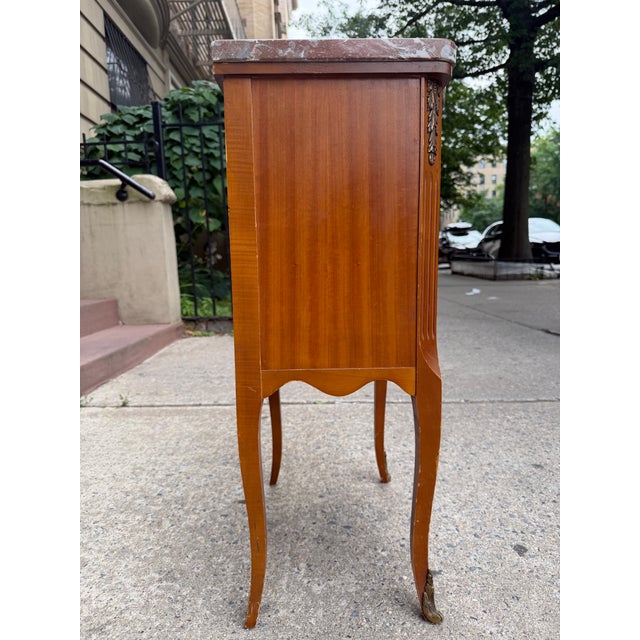 Mid 20th Century Pair Vintage Louis XV Marble Top Nightstands | Hand-Painted Details | Brass Mounts For Sale - Image 5 of 8