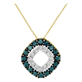 14K Yellow Gold Plated .925 Sterling Silver 1/2 Cttw Color Treated Diamond Square Pendant Necklace (Blue, Yellow, I2-I3 Clarity) For Sale
