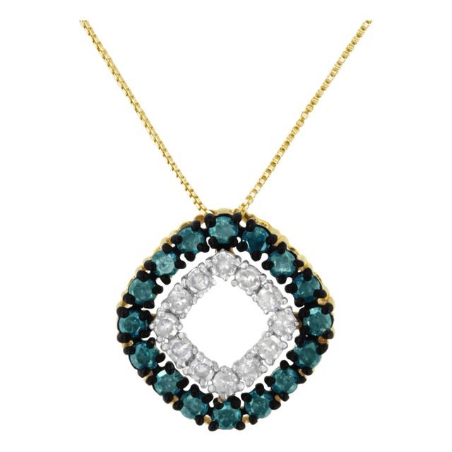 14K Yellow Gold Plated .925 Sterling Silver 1/2 Cttw Color Treated Diamond Square Pendant Necklace (Blue, Yellow, I2-I3 Clarity) For Sale